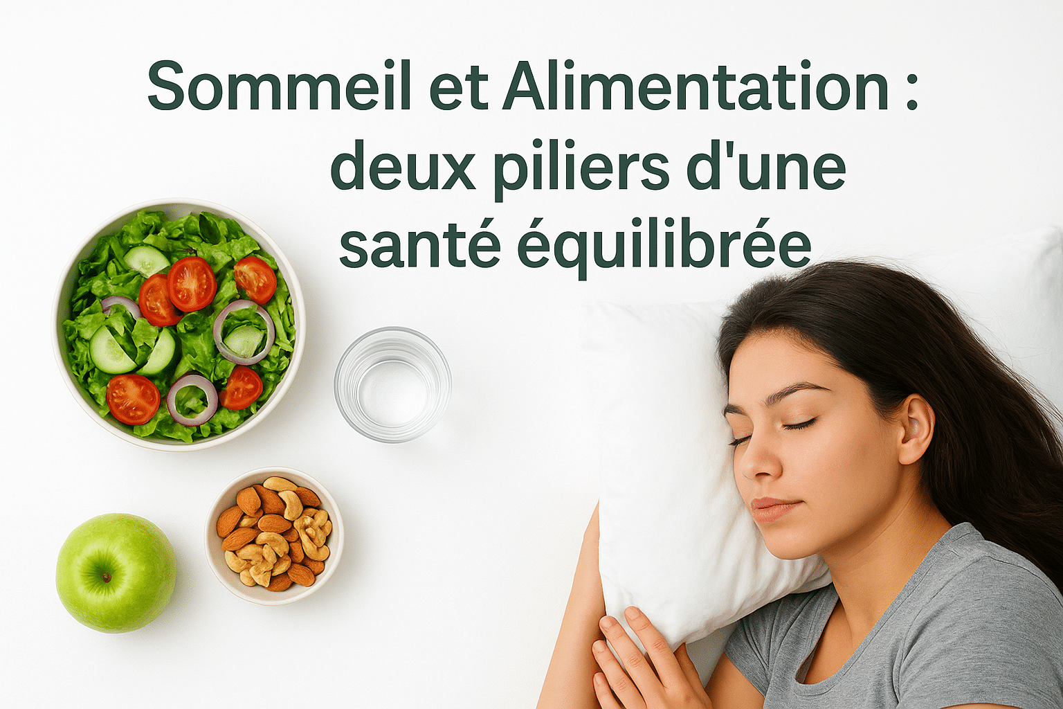 une pomme, une salade et une jeune femme qui dort