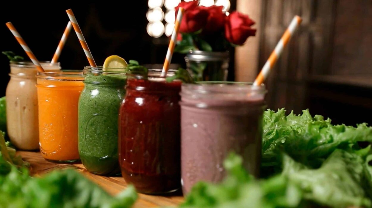 Cinq smoothies aux couleurs variées, préparés à base de fruits et de légumes frais, présentés dans des bocaux en verre avec des pailles.